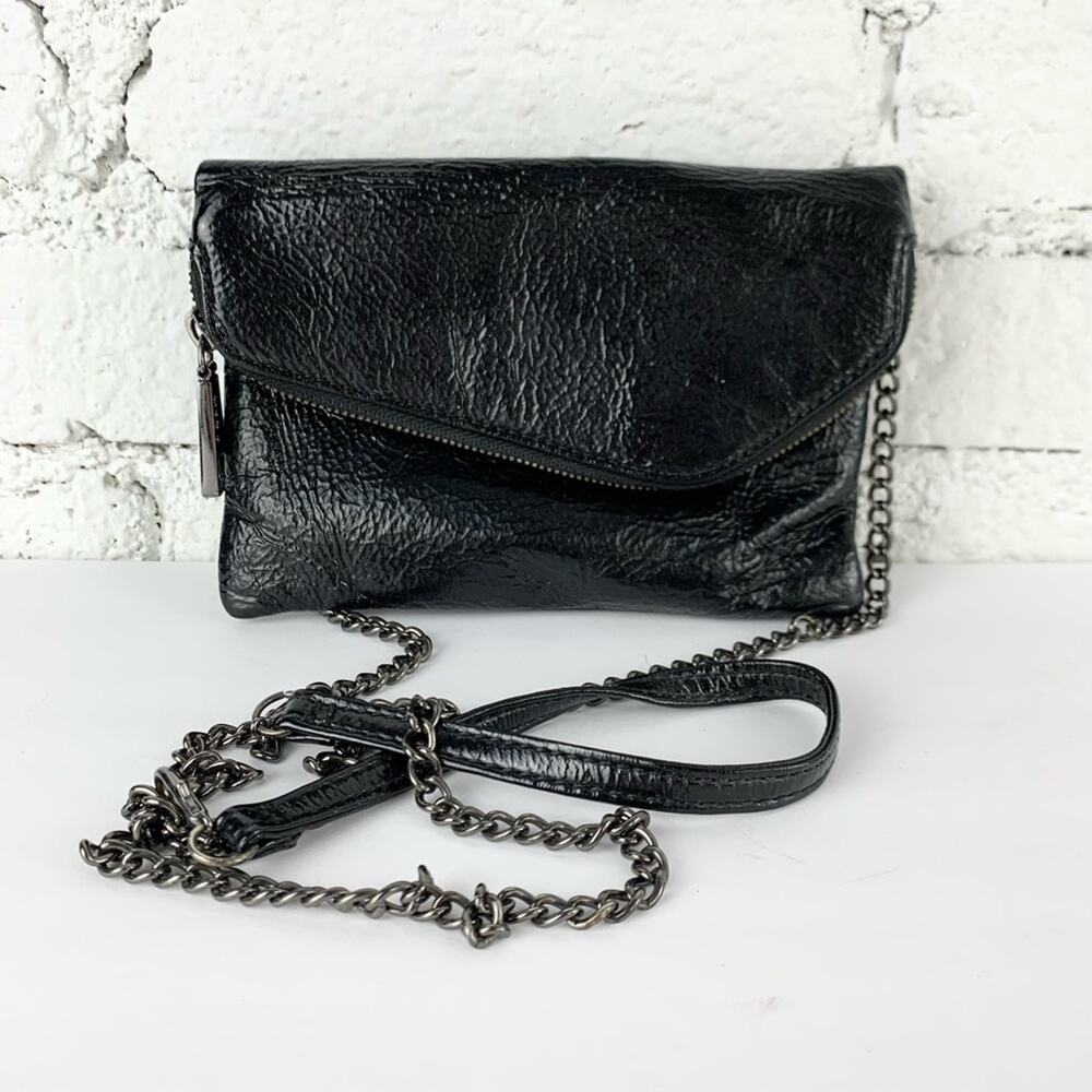 HOBO Daria Black Leather Flap Fold Over Convertible Clutch Crossbody Purse Bag